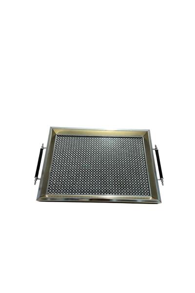 CENGİZ ÇEYİZ Ahşap Profil Kulplu Simli Cam Tepsi 25x40 cm  7979