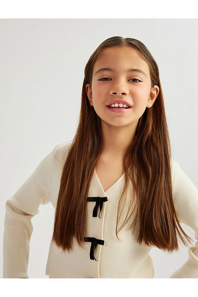 Koton Long Sleeve Bow Detailed V-Neck Knitwear Cardigan