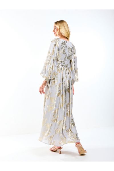 House of Moda By Styli Metallic Foil Floral Print Balloon Sleeves Maxi Dress