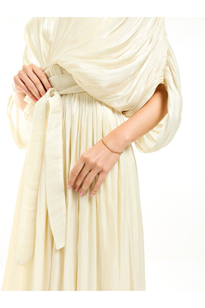 House of Moda By Styli Glazed Organza Pleated Maxi Dress with Tie Belt