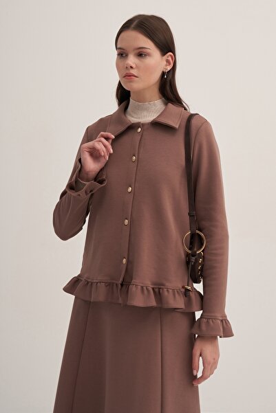 EBU Prive Γυναικεία ζακέτα σε χρώμα καφέ - Πλεκτή από ατσάλι και βολάν