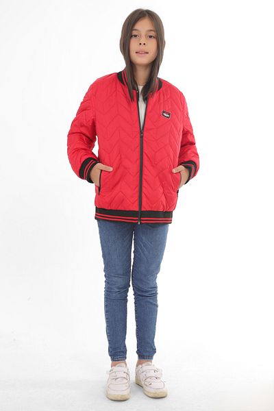 Outriverkids Girl's Red College Collar Lined Water and Windproof Zippered Pocket Coat Jacket