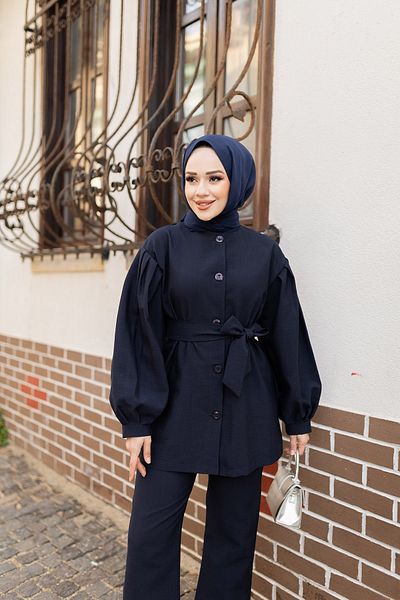 LOCCO Navy Blue Double Set - Women's Set with Pleat Detail and Belt