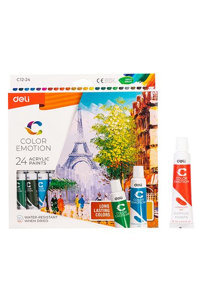 Deli EC12-24 طلاء أكريليك COLOR EMOTION 12 مل*24 أنبوبًا 24 لونًا، 24 قطعة/صندوق ملون