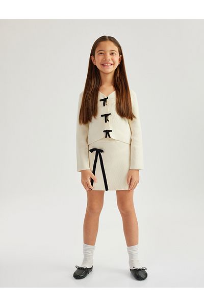 Koton Long Sleeve Bow Detailed V-Neck Knitwear Cardigan
