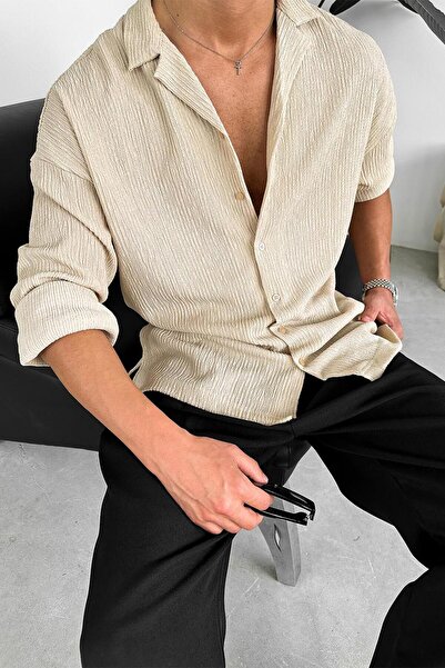 HAFKAGİYİM Πουκάμισο Basic Oversize Cream Corded