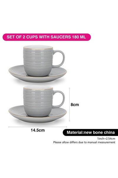 Fissman Porcelain Tea Cups with Saucer 180mL Set of 2, Firmina New Bone China Golden Rims Gray