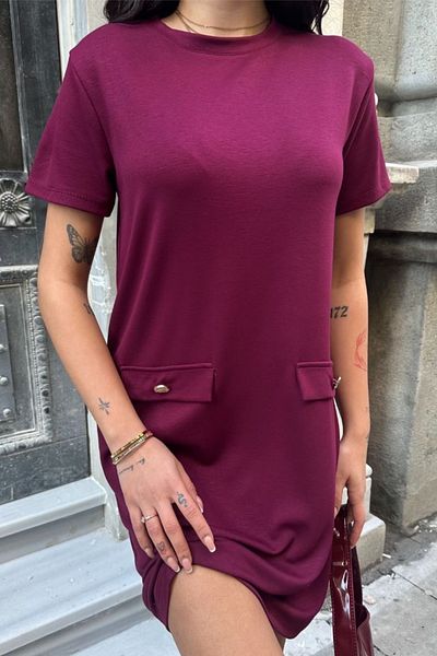 Ded COLLECTION Rochie modală pentru femei, cu mânecă scurtă, cu nasturi ornamentale, cu buzunare