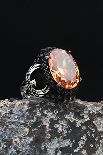 Prestige Anka Kuşu Figürlü 925 Ayar Gümüş Erkek Yüzük Şampanya Topaz Taşlı