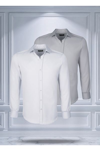 Todth 2 Pack Easy-Iron Four Seasons Modern Fit Soft Texture White and Gray Plain Shirts