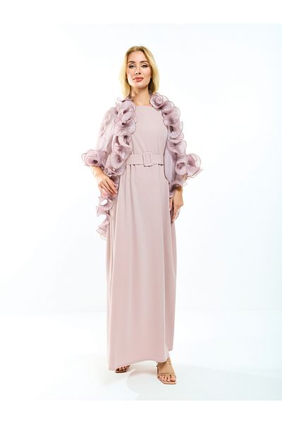 House of Moda By Styli Plain Belted Maxi Dress with Detachable Ruffle Shrug