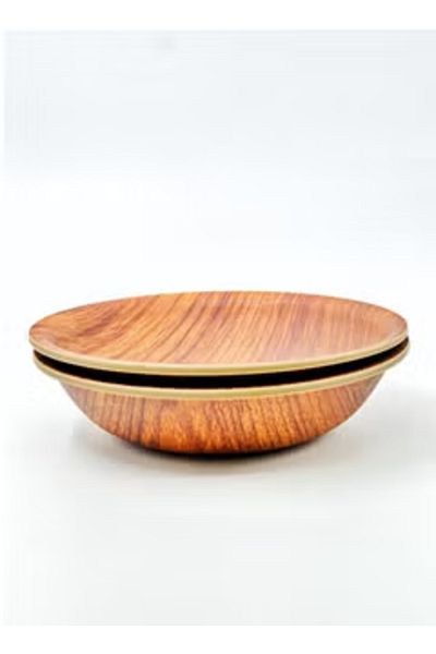 Generic Plastic Round Deep Plate Wooden Color 15.5 CM 2 Pcs Set