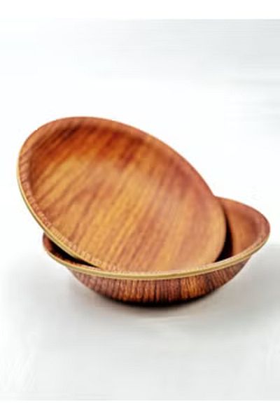 Generic Plastic Round Deep Plate Wooden Color 15.5 CM 2 Pcs Set