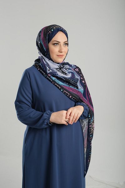 Giverny Ethnic Navy Blue μοτίβο βαμβακερό σάλι - Ψηφιακή εκτύπωση, κομμένες ίνες 202124 _02