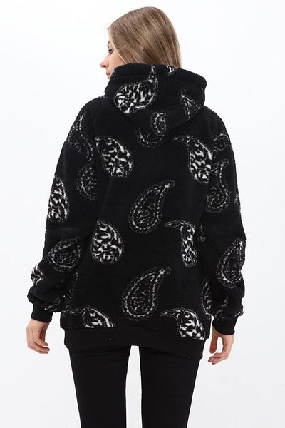NEWLAKER Unisex Oversize Black Special Pattern Embroidered Hooded Plush Sweatshirt