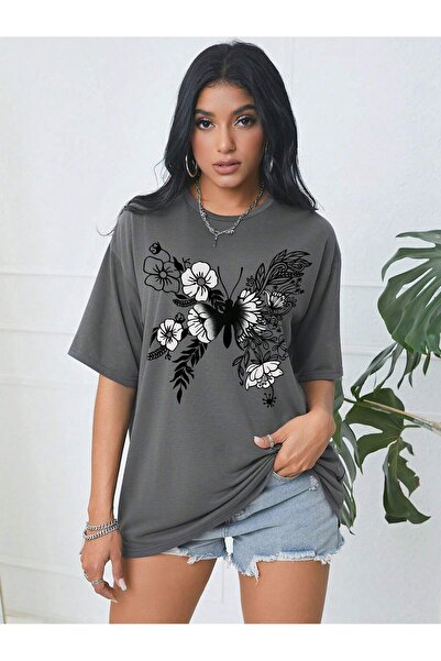MODARİCH Smoked Oversize Butterfly Flower Wing T-Shirt - Crew Neck, Printed, ...