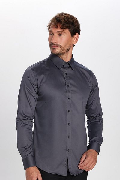 Tudors Slim Fit Μακρυμάνικο 100% Cotton Satin Premium ανδρικό καπνιστό πουκάμισο