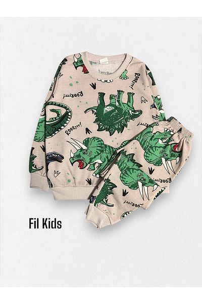 Fil Kids Σετ χειμωνιάτικης πιτζάμες με μακρυμάνικο σχέδιο για αγόρια, βαμβακερή κρέμα ροζ πράσινο δεινόσαυρο