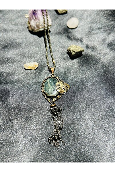 Luna Labradorit Antika Kolye Ucu Detaylı Pirit Doğal Taşlı Kolye