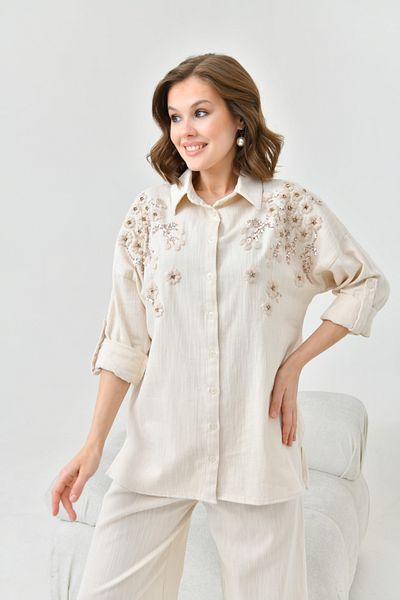 MVStore Women's Sequin Embroidery Stone Embroidered Flam Linen Shirt and Pants Set
