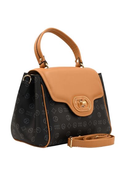 Morpelikan Women's Four Compartment Black Monogram Hand Shoulder Bag with Lock Closure