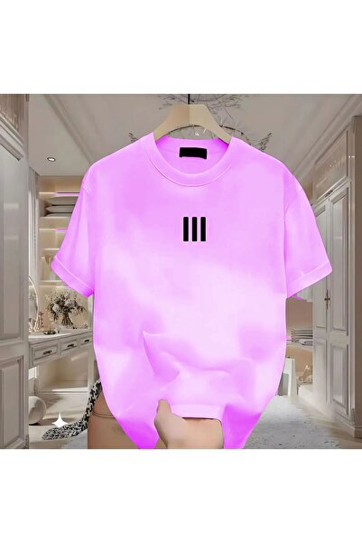 MARECASH 3 Çizgi Baskılı Pembe Tshirt %100 Organik Pamuklu Dokulu Comfort T-s...