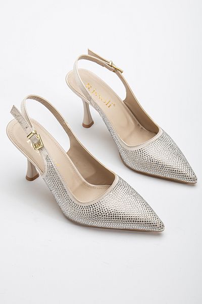 RİSSOLİ Rissoli Rochie de seară din țesătură cu spate deschis, cu detaliu de piatră, bej crem, pentru femei, pantofi cu toc stiletto