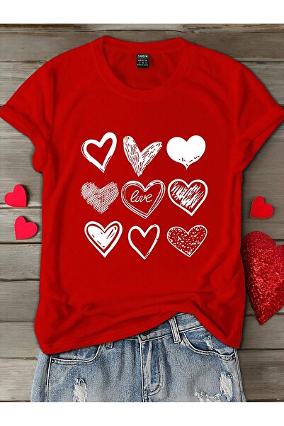 MODARİCH Tricou roșu oversize imprimat - Love Heart cu decolteu