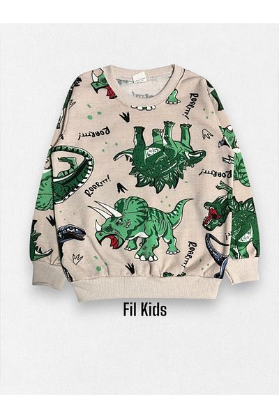Fil Kids Σετ χειμωνιάτικης πιτζάμες με μακρυμάνικο σχέδιο για αγόρια, βαμβακερή κρέμα ροζ πράσινο δεινόσαυρο