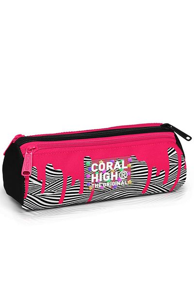 Coral High Παιδική τσάντα μολυβιού τριών διαμερισμάτων με ροζ μαύρο λευκό σχέδιο 11178