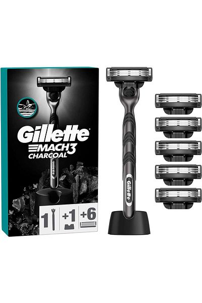 Gillette Mach 3 Charcoal Shaver + 6 up Replacement Razor Blades + Premium Stand
