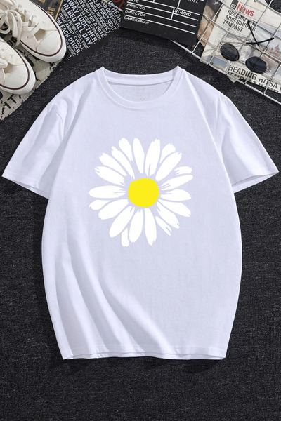 Ramer Unisex bela margarita Štampano Oversize kroj T-shirt
