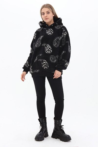NEWLAKER Unisex Oversize Black Special Pattern Embroidered Hooded Plush Sweatshirt