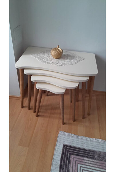 İZMİR ALİNDA MOBİLYA AĞAÇ AYAKLI 4'LÜ ZİGON SEHPA KREM RENK