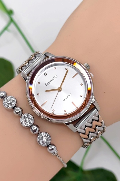 Ferrucci Steel Cord Steel Case Women Wrist Watch, 3 Atm Waterproof Rose-Silve...