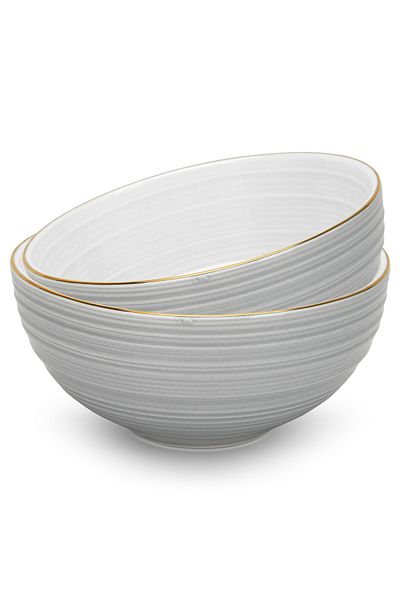 Fissman Soup Bowl 620mL Set of 2, New Bone China Bowls 14.5x7cm Firmina Golden Rim Bowls, Gray