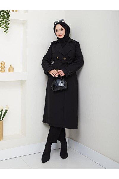 ELBİSHE Kruvaze Yakalı Düğme Detaylı Bağlamalı Trençkot