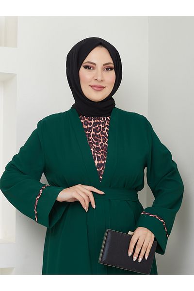 EFSUN MODA عباية حجاب نسائية بنقشة الفهد - طقم مكون من قطعتين باللون الزمردي