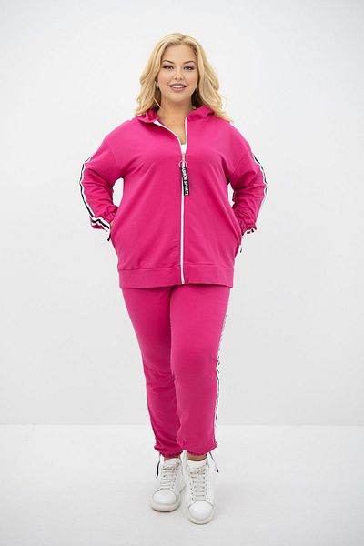 CC STORE Women's Fuchsia Plus Size Hooded Zipper Print and Side Fabric Detailed Tracksuit Set