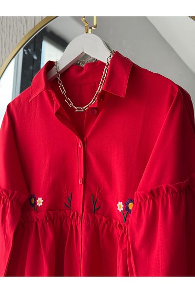 Butik Red Embroidered Poplin Shirt
