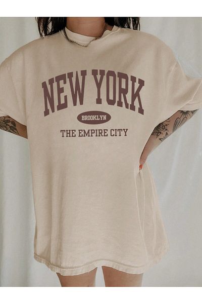 MODARİCH New York Empire - Μπλουζάκι με κοντό μανίκι με στάμπα μπεζ Oversize