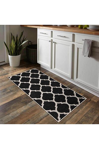 Homelux Oteea Non-Slip Kitchen Rug, Rectangular, 40X100 Cm, Geometric, Black, White, 60% Cotton