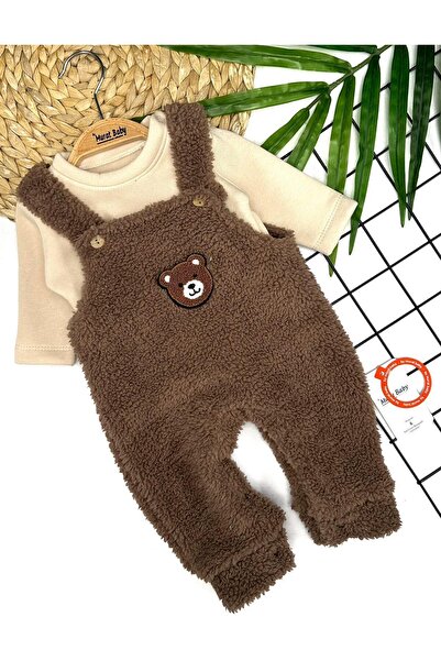 VALERY Baby Boy Bear Embroidered Plush Gardener Overalls Set Brown