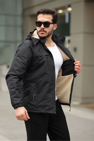 FLUEND MODA Men's Hood Detachable Cold and Windproof Fur Coat Jacket