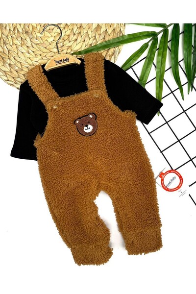 Erkek Bebek Ayı Nakışlı Peluş Bahçıvan Tulum Takımı Turuncu/Siyah