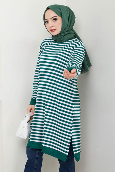 hafsamina Emerald Striped Combed Cotton Tunic - Hm2418