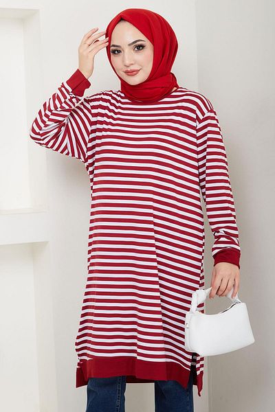 hafsamina Burgundy Striped Combed Cotton Tunic - Hm2418