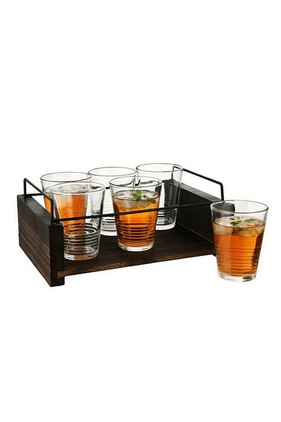 Bien Servi 6-Piece Contemporary Design Glass Drinking Set with Tray