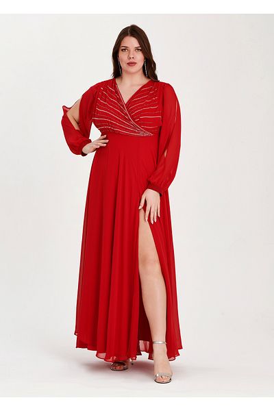 EVEN plus size فستان سهرة مقاس كبير باللون الأحمر مع تفاصيل ترتر ونافذة وأكمام