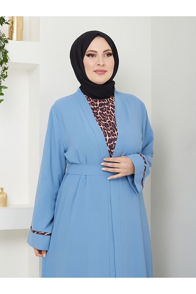 EFSUN MODA Set Abaya Testttür pentru femei cu model leopard - Albastru